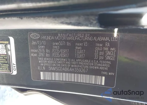 2010 Hyundai Santa Fe Gls z USA, uszkodzony, nr VIN 5NMSGDAB6AH359267